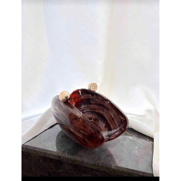 Marbled Tortoise Shell Pebble Clutch Bag Brown Acrylic Evening Bag Gold Chain - Picture 6 of 8